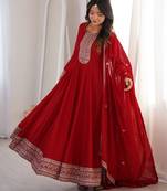 Red embroidered premium pure vichitra silk fully stitched flared anarkali gown