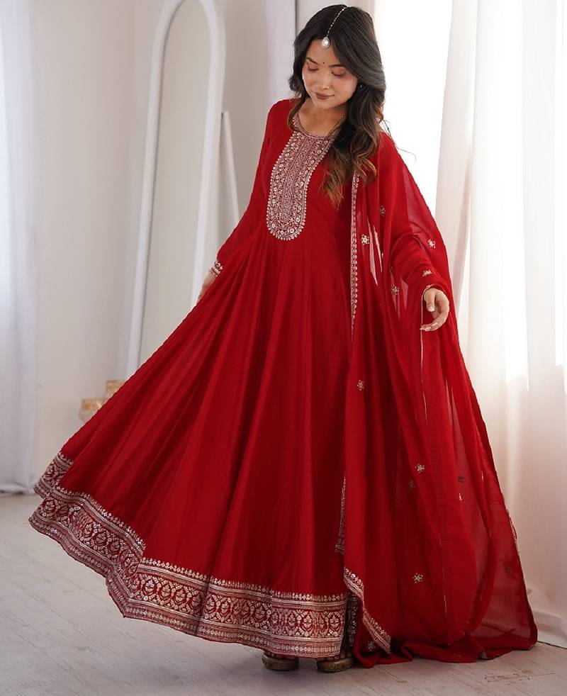 Red embroidered premium pure vichitra silk fully stitched flared anarkali gown