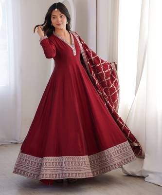 Maroon embroidered heavy pure blooming vichitra silk fully stitched kali pattern anarkali set 2