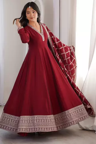 Maroon embroidered heavy pure blooming vichitra silk fully stitched kali pattern anarkali set