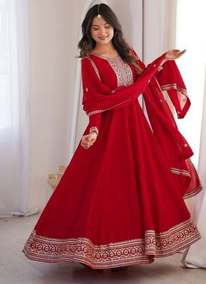 Red embroidered premium pure vichitra silk fully stitched flared anarkali gown 2