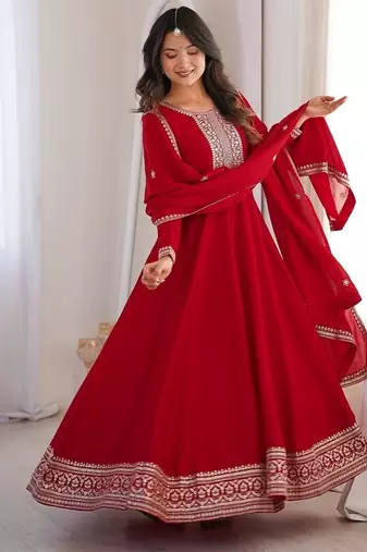 Red embroidered premium pure vichitra silk fully stitched flared anarkali gown