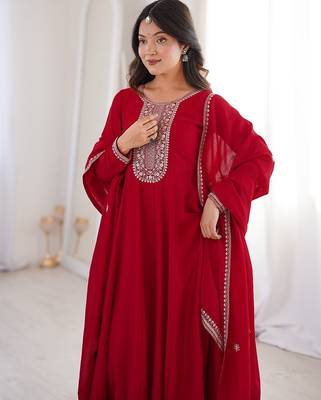 Red embroidered premium pure vichitra silk fully stitched flared anarkali gown 3