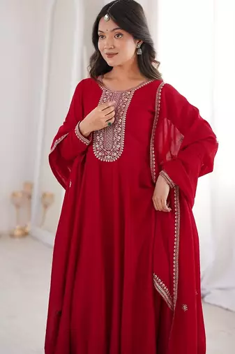 Red embroidered premium pure vichitra silk fully stitched flared anarkali gown