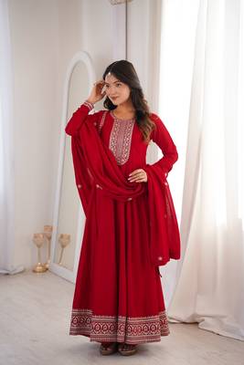 Red embroidered premium pure vichitra silk fully stitched flared anarkali gown 4