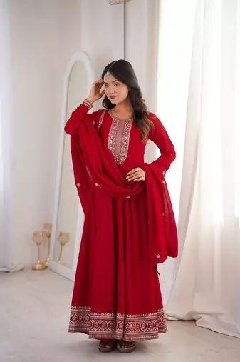 Red embroidered premium pure vichitra silk fully stitched flared anarkali gown