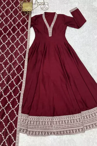 Maroon embroidered heavy pure blooming vichitra silk fully stitched kali pattern anarkali set