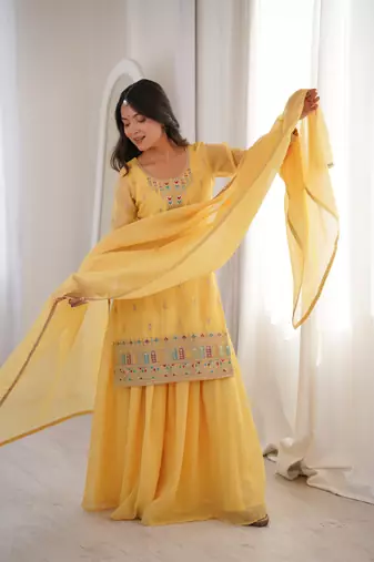 Yellow embroidyered sequins dori thread work soft crunchy silk fully stitched kurta sharara