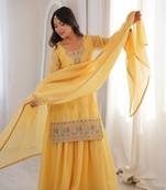 Yellow embroidyered sequins dori thread work soft crunchy silk fully stitched kurta sharara