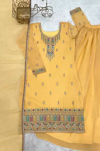 Yellow embroidyered sequins dori thread work soft crunchy silk fully stitched kurta sharara
