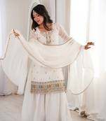 White embroidered sequins dori thread work soft crunchy silk fully stitched kurta sharara set
