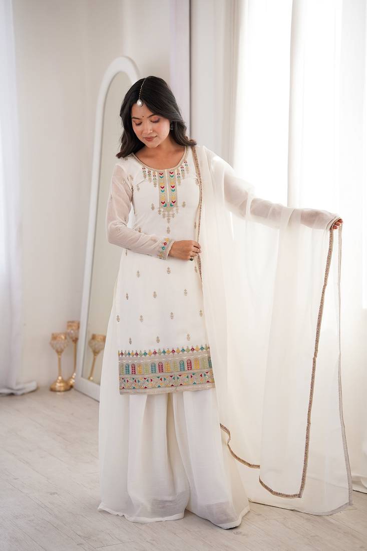 White embroidered sequins dori thread work soft crunchy silk fully stitched kurta sharara set