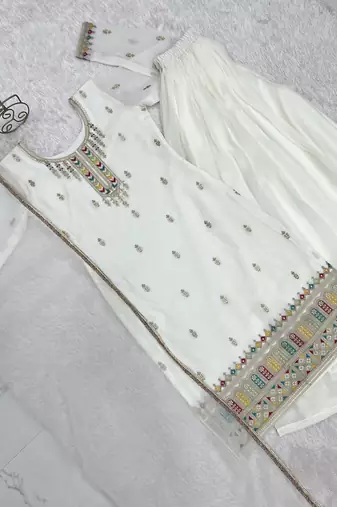White embroidered sequins dori thread work soft crunchy silk fully stitched kurta sharara set