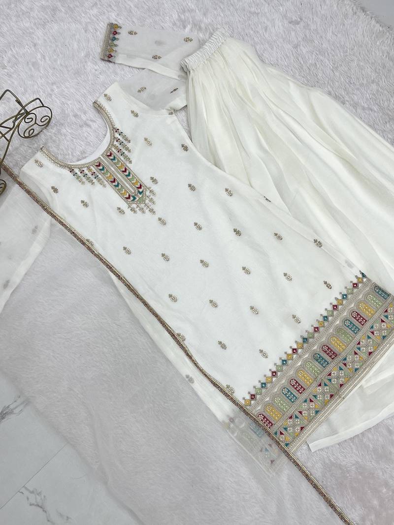 White embroidered sequins dori thread work soft crunchy silk fully stitched kurta sharara set