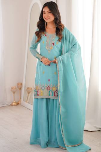 Sky blue embroidered thread work soft crunchy silk fully stitched kurta sharara set