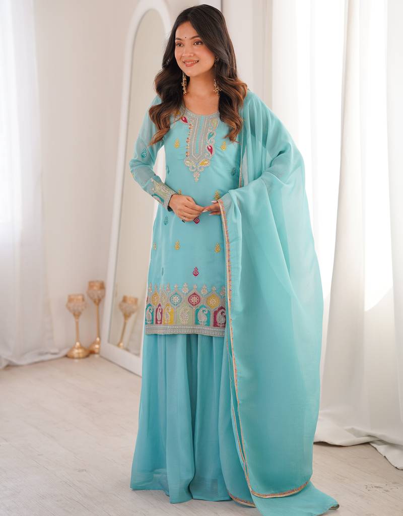Sky blue embroidered thread work soft crunchy silk fully stitched kurta sharara set