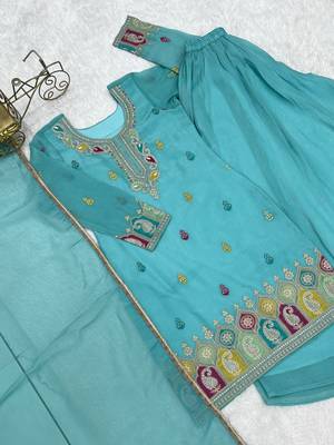 Sky blue embroidered thread work soft crunchy silk fully stitched kurta sharara set 5