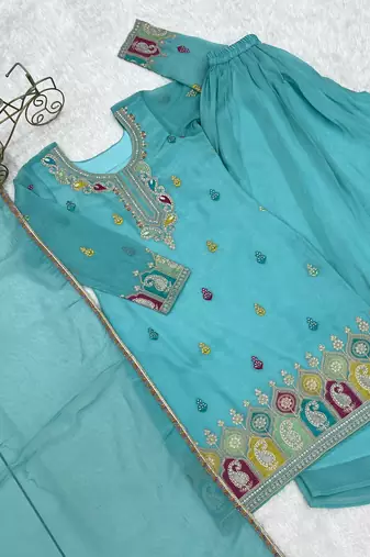 Sky blue embroidered thread work soft crunchy silk fully stitched kurta sharara set