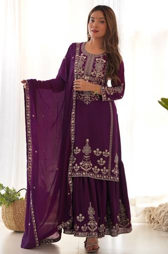 Wine embroidered sequins zari work pure chinnon silk fully stitched kediya kurta sharara set