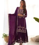 Wine embroidered sequins zari work pure chinnon silk fully stitched kediya kurta sharara set