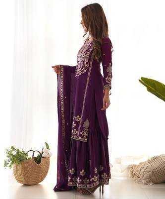 Wine embroidered sequins zari work pure chinnon silk fully stitched kediya kurta sharara set 5