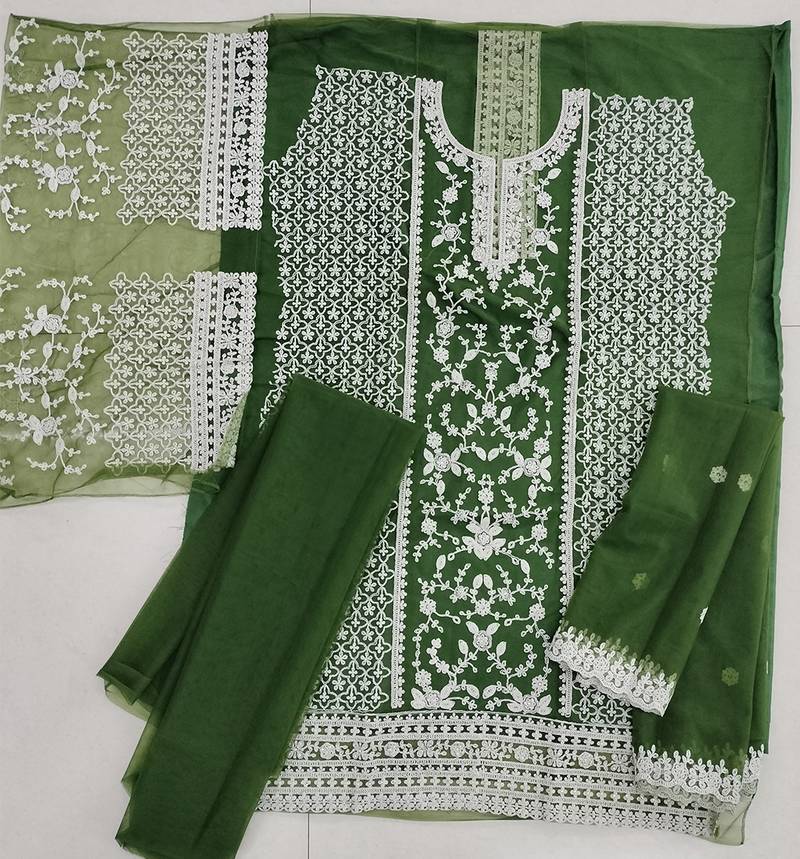 Olive green net embroidery salwar suit