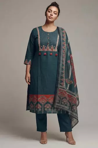 Women green cotton printed kurta pant dupatta set with gota work and lace