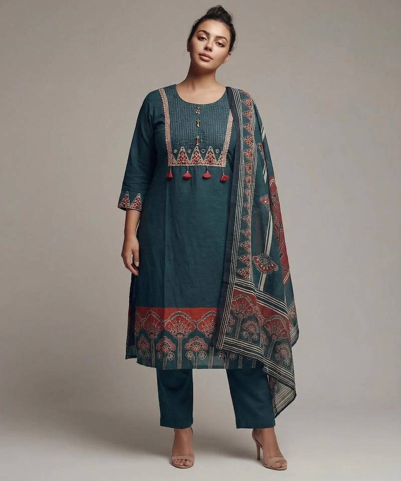 Women green cotton printed kurta pant dupatta set with gota work and lace