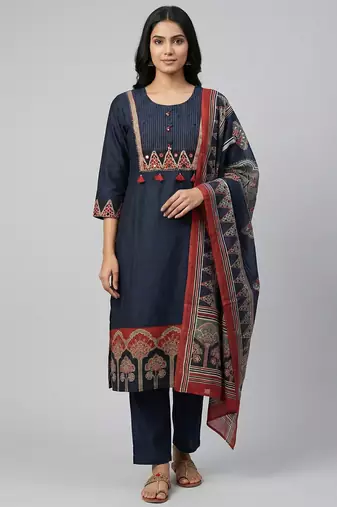 Women navy blue cotton printed kurta pant dupatta set with gota work and lace