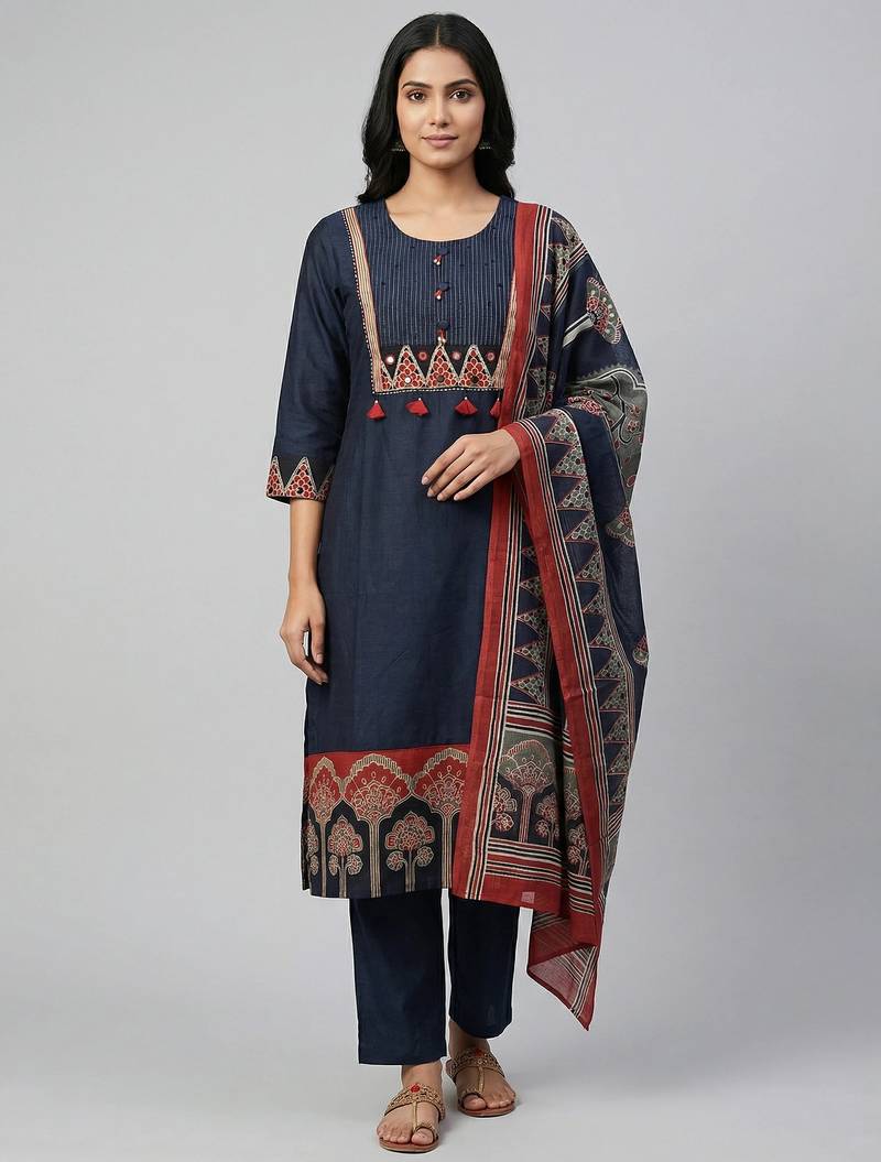 Women navy blue cotton printed kurta pant dupatta set with gota work and lace