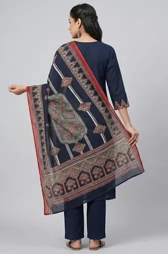 Women navy blue cotton printed kurta pant dupatta set with gota work and lace
