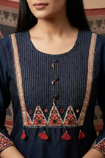 Women navy blue cotton printed kurta pant dupatta set with gota work and lace