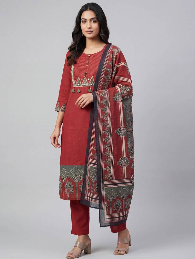 Women red cotton printed kurta pant dupatta set with gota work and lace