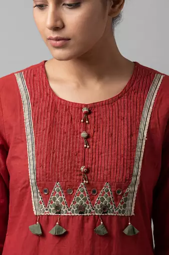 Women red cotton printed kurta pant dupatta set with gota work and lace