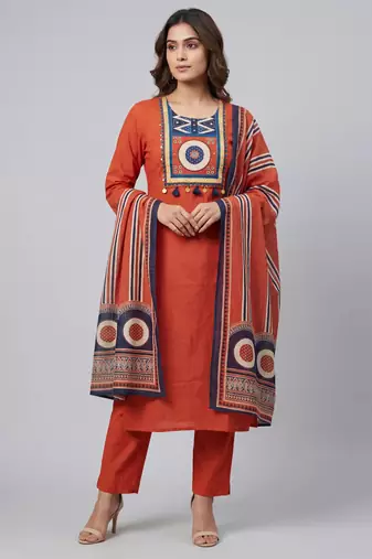 Women orange cotton printed kurta pant dupatta set with hand work and lace