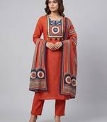 Women orange cotton printed kurta pant dupatta set with hand work and lace