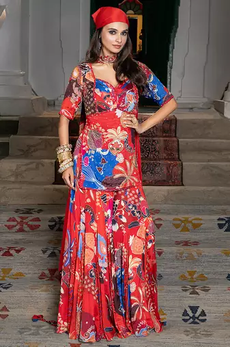 Red printed viscose sharara set