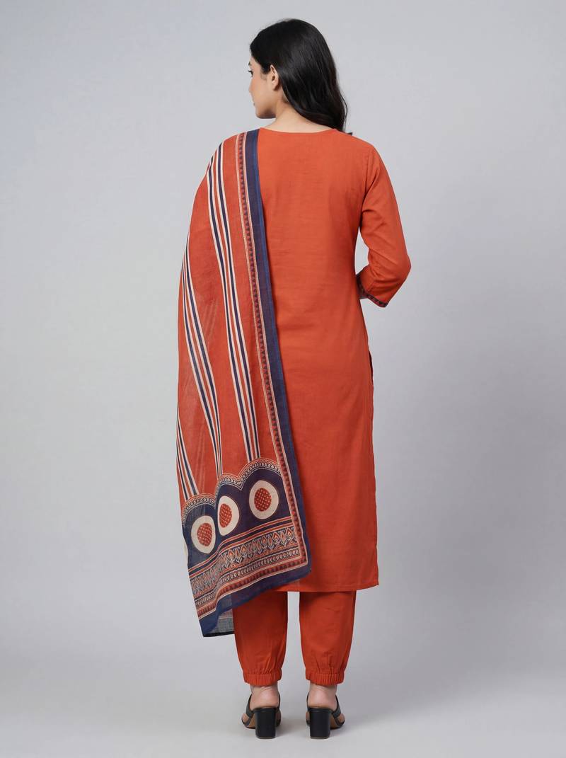 Women orange cotton printed kurta pant dupatta set with hand work and lace