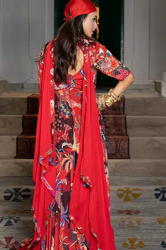 women red printed viscose sharara set