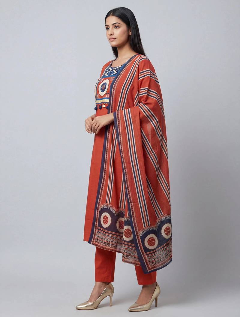Women orange cotton printed kurta pant dupatta set with hand work and lace