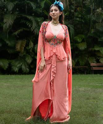 coral pink georgette embroidered co ord set for women 1