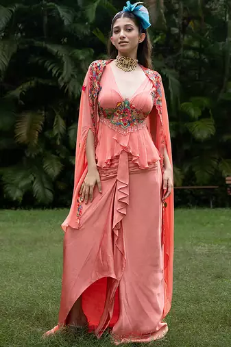 Coral pink embroidered georgette co ord set