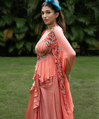coral pink georgette embroidered co ord set for women 2