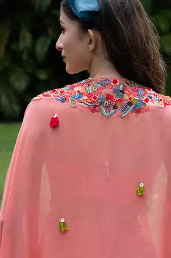 coral pink georgette embroidered co ord set for women