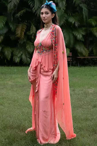 coral pink georgette embroidered co ord set for women