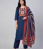 Women navy blue cotton printed kurta pant dupatta set with hand work and lace