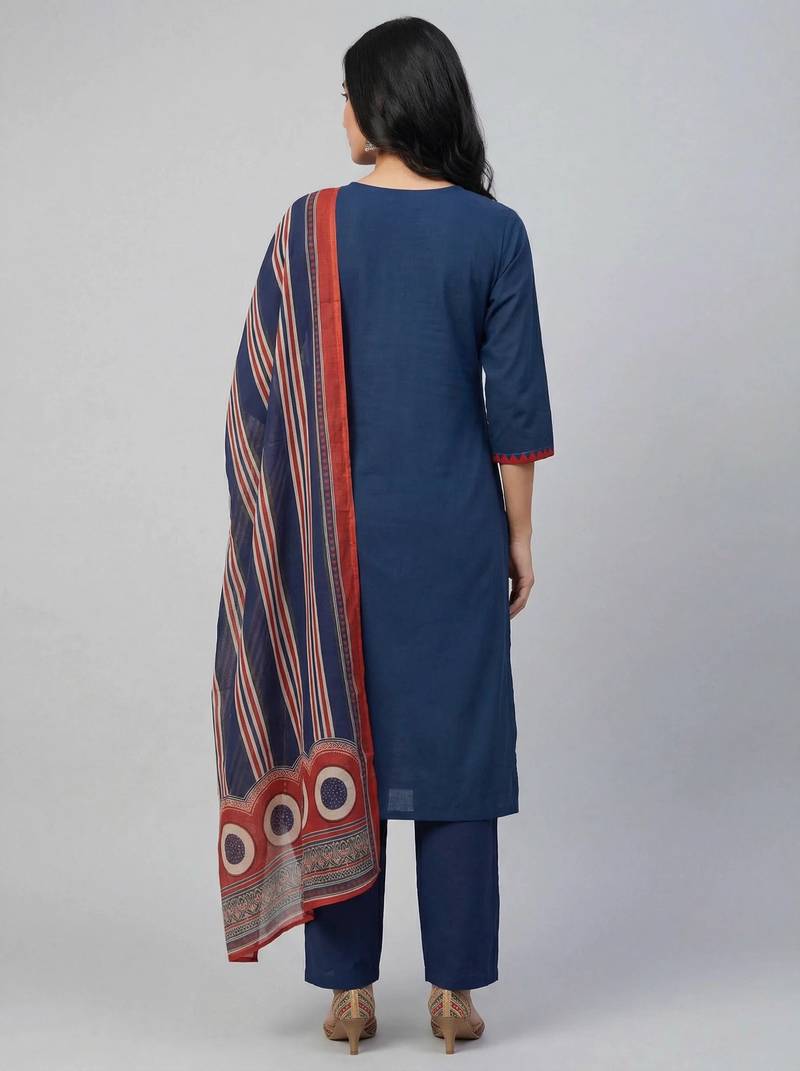 Women navy blue cotton printed kurta pant dupatta set with hand work and lace