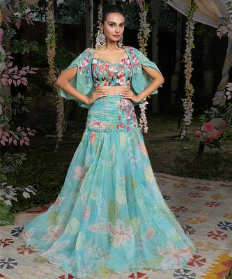 blue organza floral printed co ord set for women 1