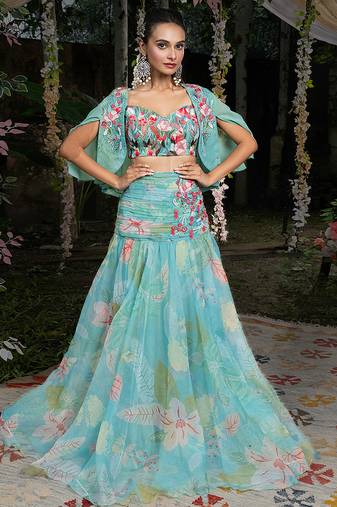 Blue printed organza co ord set