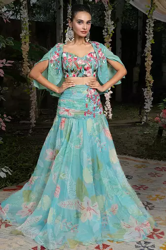 Blue printed organza co ord set